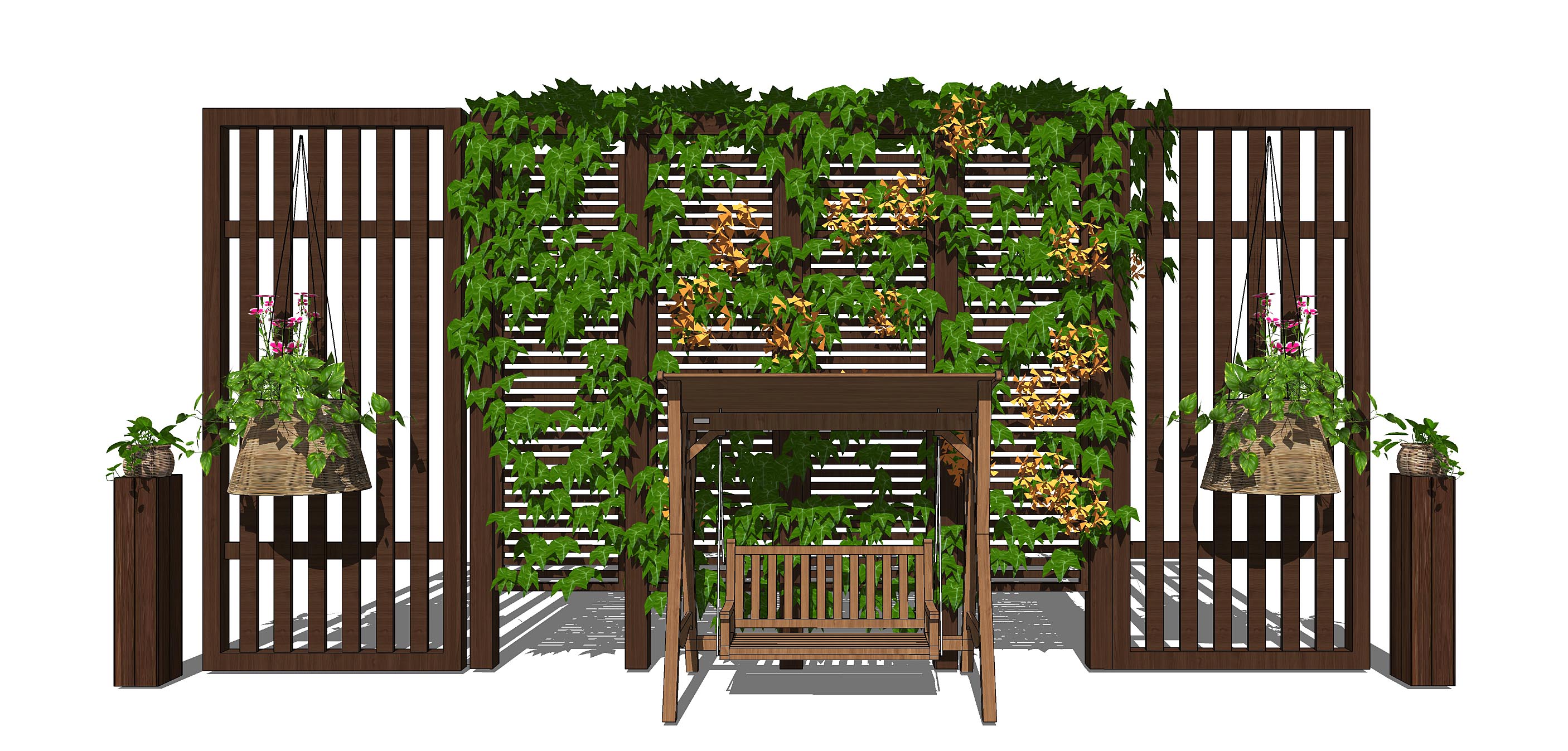 新中式精致庭院设计木质廊架花架户外秋千 (6)SU模型 庭院景观SU模型