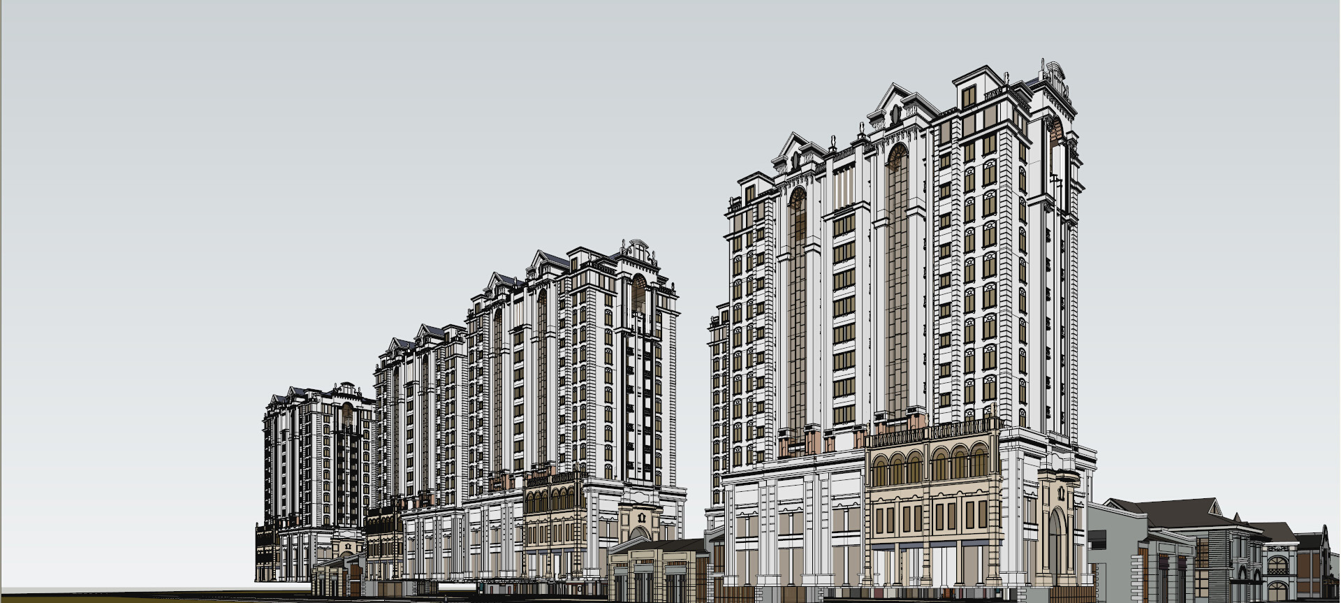 欧式高层住宅 新中式商业街su模型